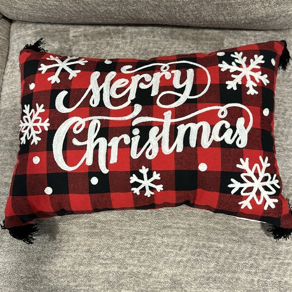 Merry Christmas Embroidered Holiday Themed Buffalo Plaid Throw Pillow.